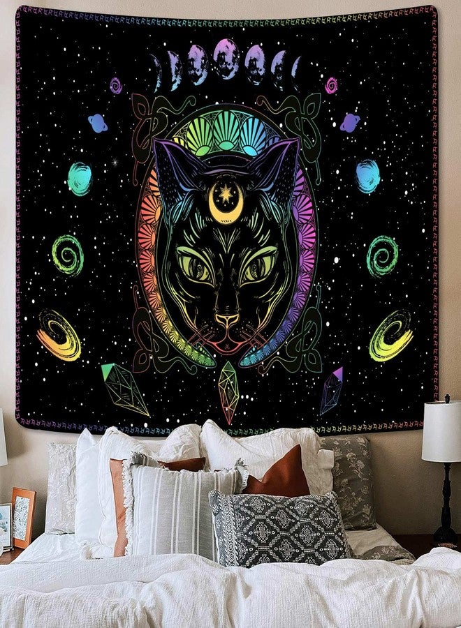 Bzhilja Black Cat Gothic Tapestry Wall Hanging,Psychedelic Colorful Sun and Moon Cool Witch Tarot Wall Art Tapestries, Black and White Tapestry Bedroom Living Room Dorm Wall Decor 60x40 - Image 1
